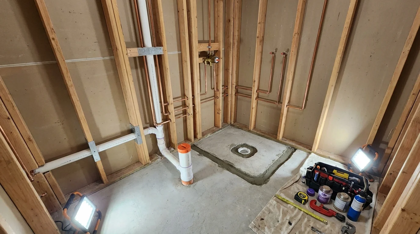 Bathroom rough-in plumbing during remodel by Johns Plumbing LLC in Limington