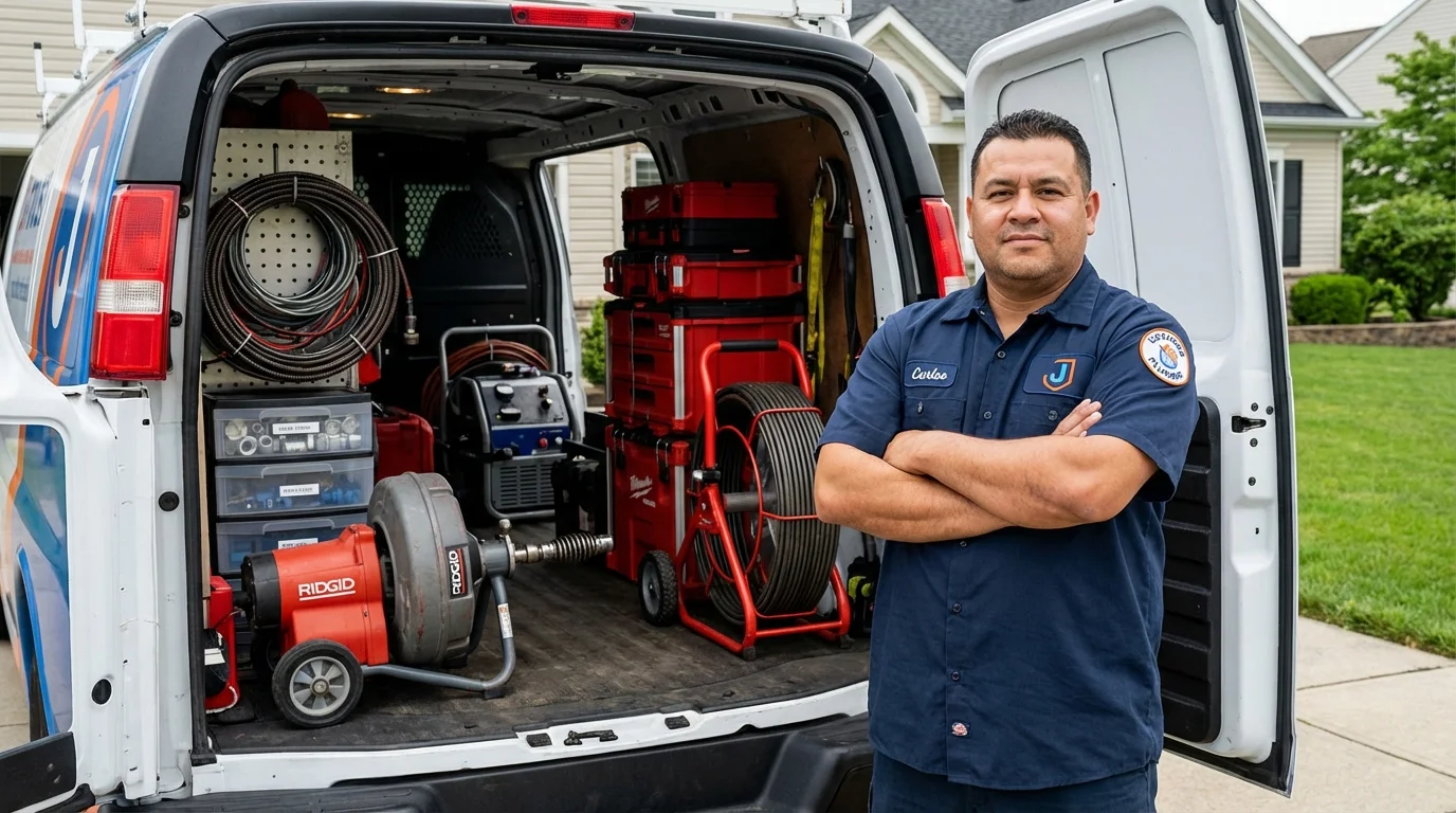Professional drain cleaning equipment and Johns Plumbing LLC plumber in Limington