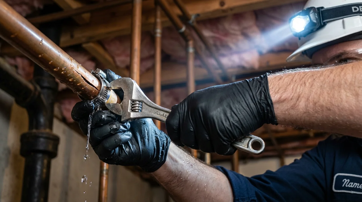 Emergency pipe clamp repair being performed by a Johns Plumbing LLC plumber in Limington