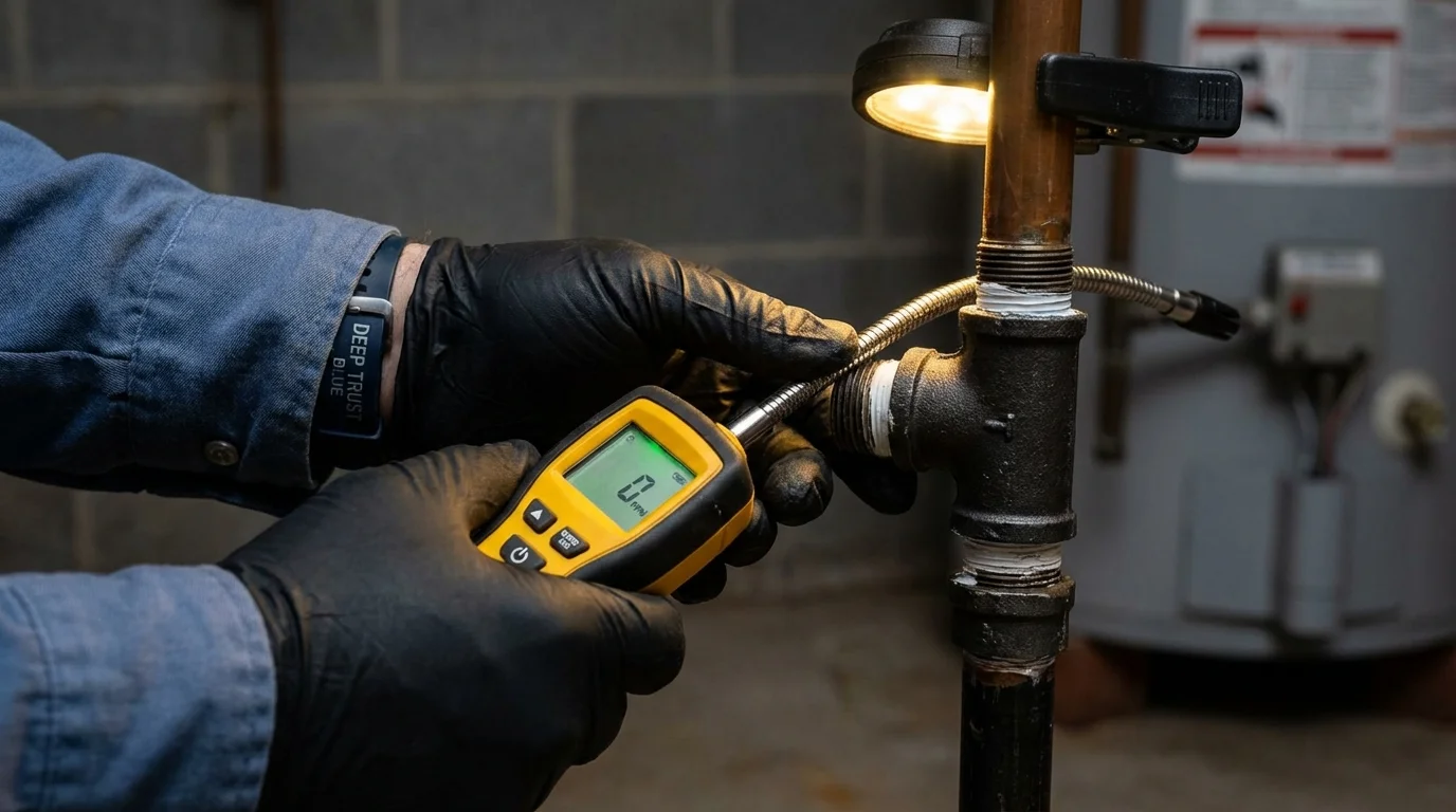 Gas leak detection with electronic sniffer by Johns Plumbing LLC in Limington