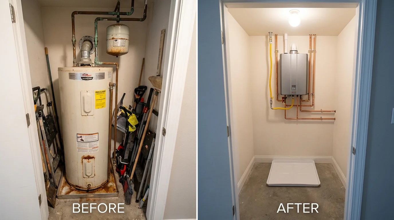 Tank water heater versus wall-mounted tankless unit comparison for Limington, ME homeowners