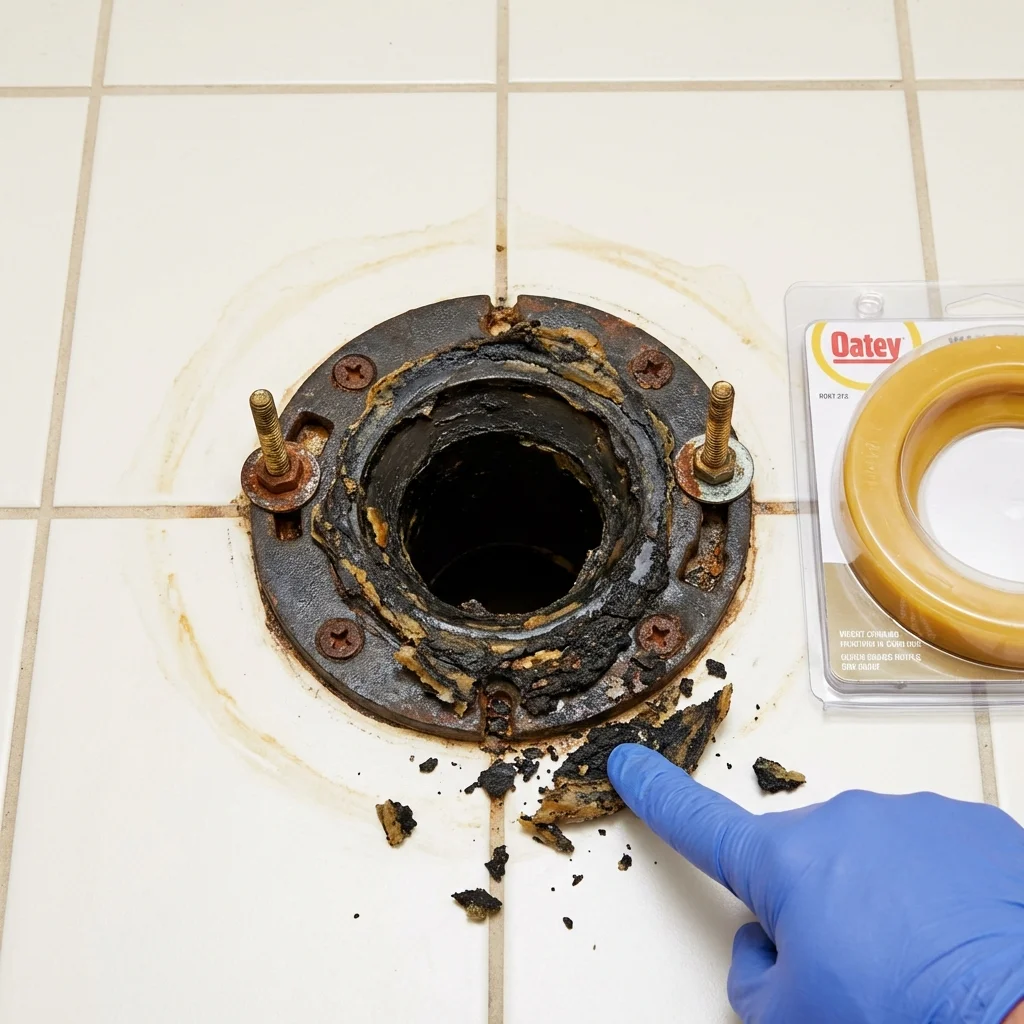 Failed wax ring showing water seepage at the base of a toilet in a Limington, ME home