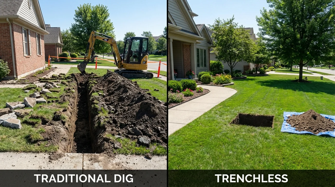 Trenchless sewer repair with minimal yard damage versus traditional excavation in Limington, ME